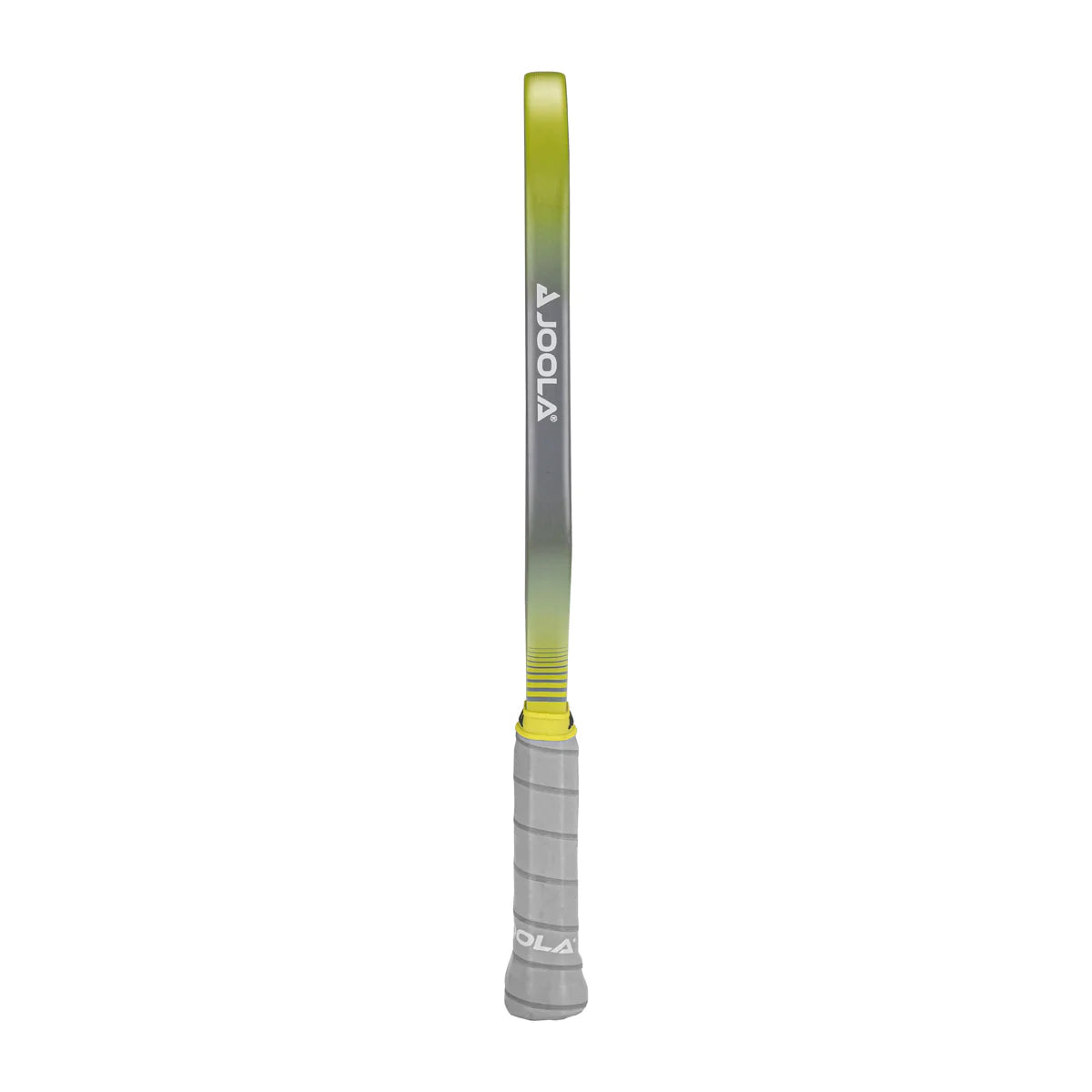 White Background Image: Side view of the Anna Bright Scorpeus Gen 3 pickleball paddle, 14 mm in width, grey handle with colorful yellow edge guard accents. #Yellow