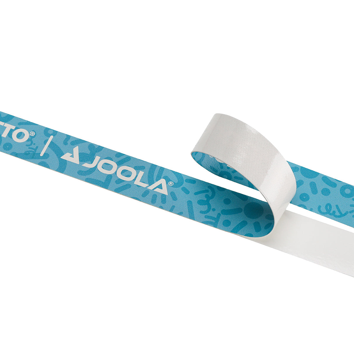 White background image, a strip of JOOLA X BRITTO pickleball edge guard tape, blue.