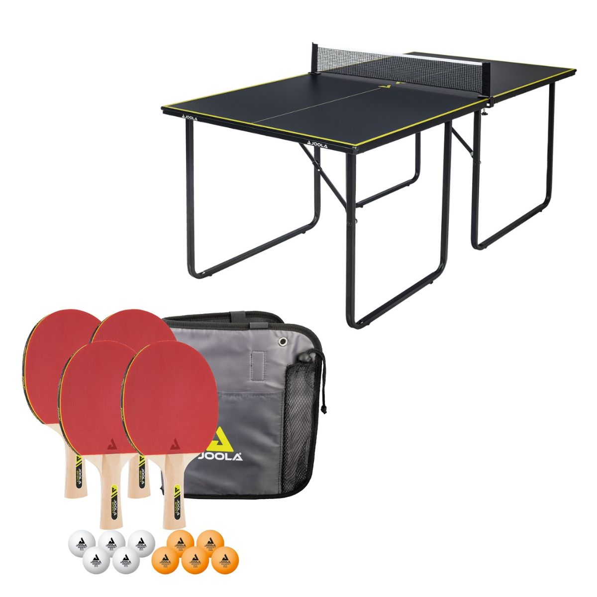JOOLA Midsize Mini Table Tennis Kit + 1 Family Set (Case with 4 Paddles and 10 Balls)