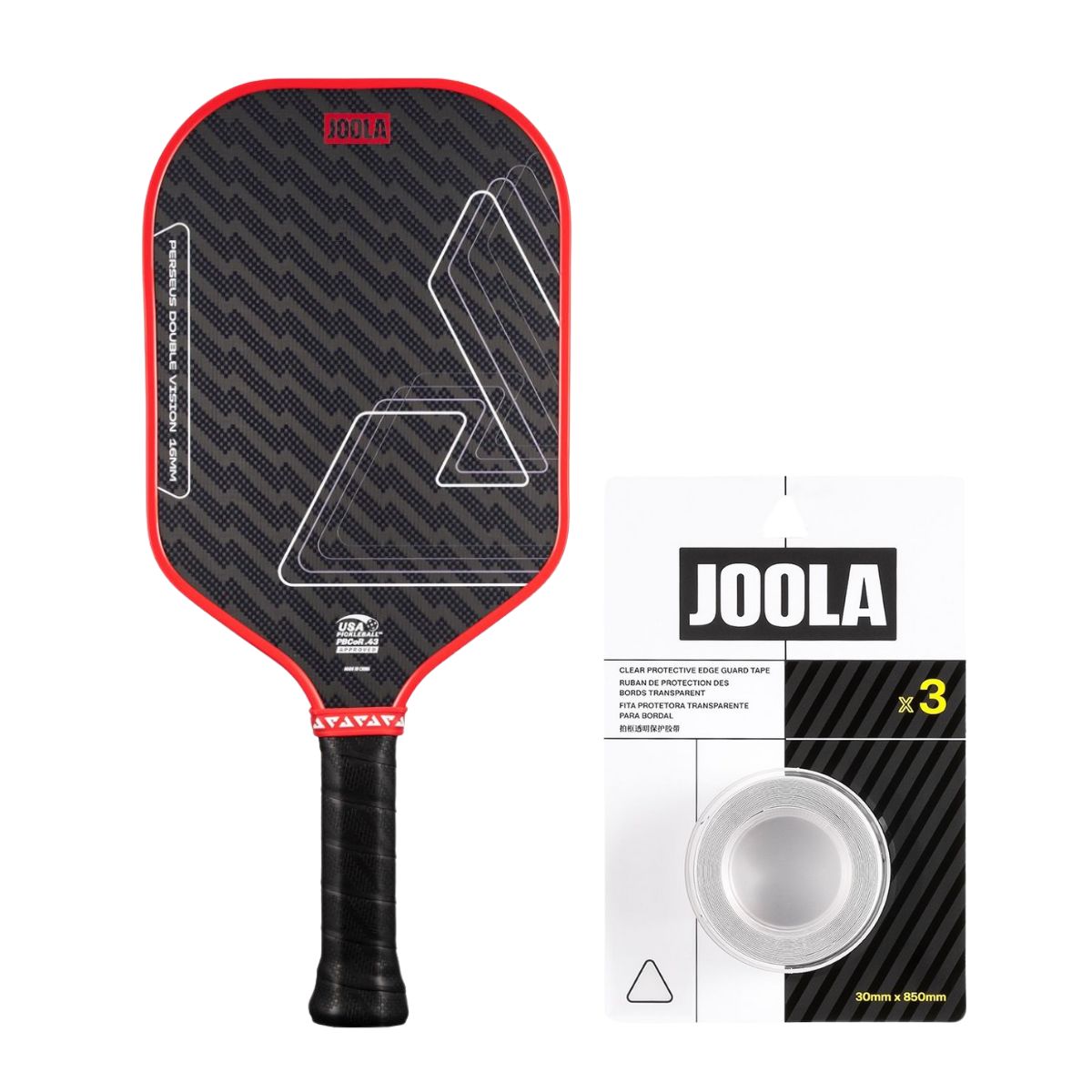 Kit Raquete de Pickleball JOOLA Perseus Double Vision (16mm) + Fita de Proteção de Borda JOOLA Transparente para Raquete Pickleball 30mm x 850mm (16mm)