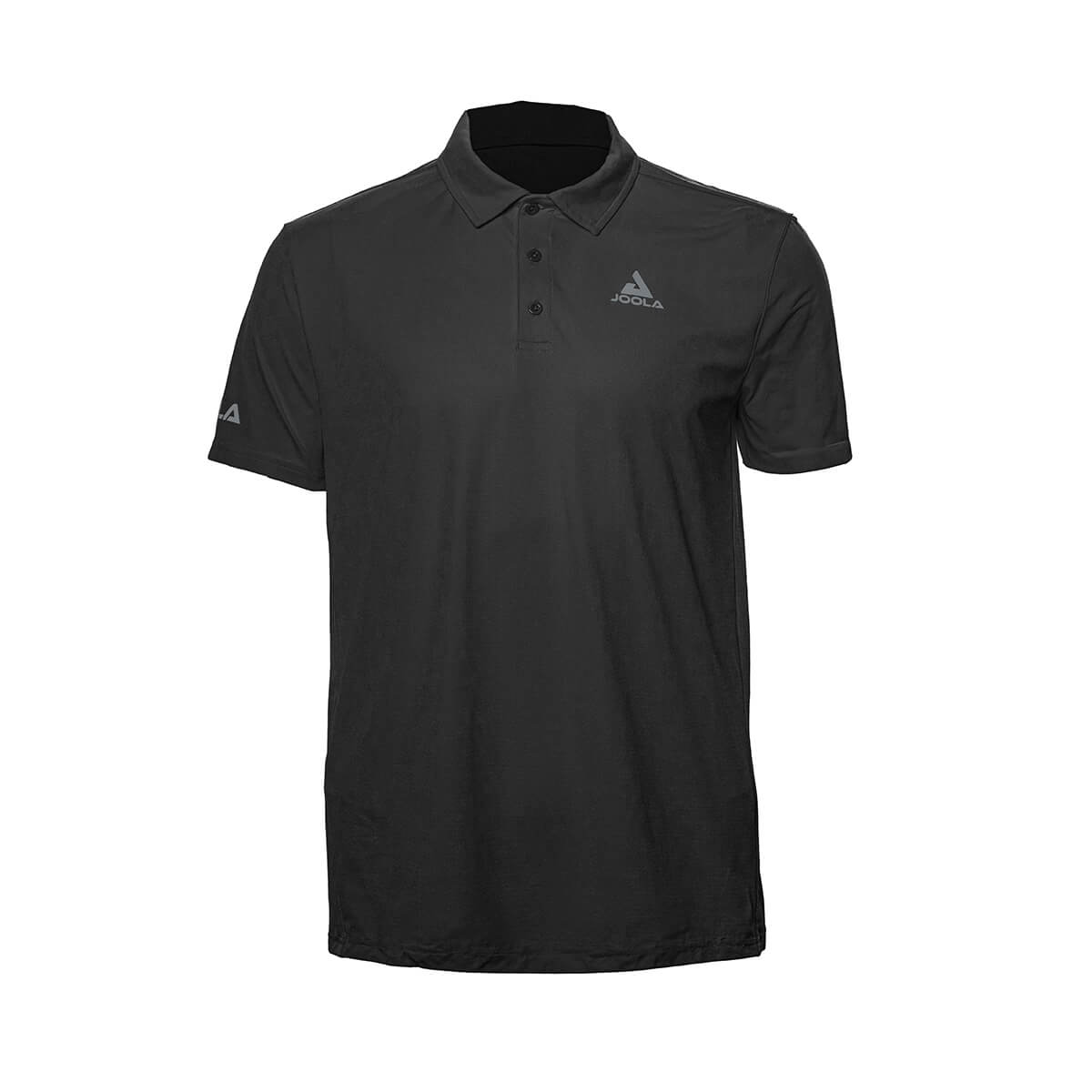 White Background Image: JOOLA Ben Johns React Polo in Blue Graphite with white stacked JOOLA logo on left chest and white horizontal JOOLA logo across right sleeve. #Blue Graphite