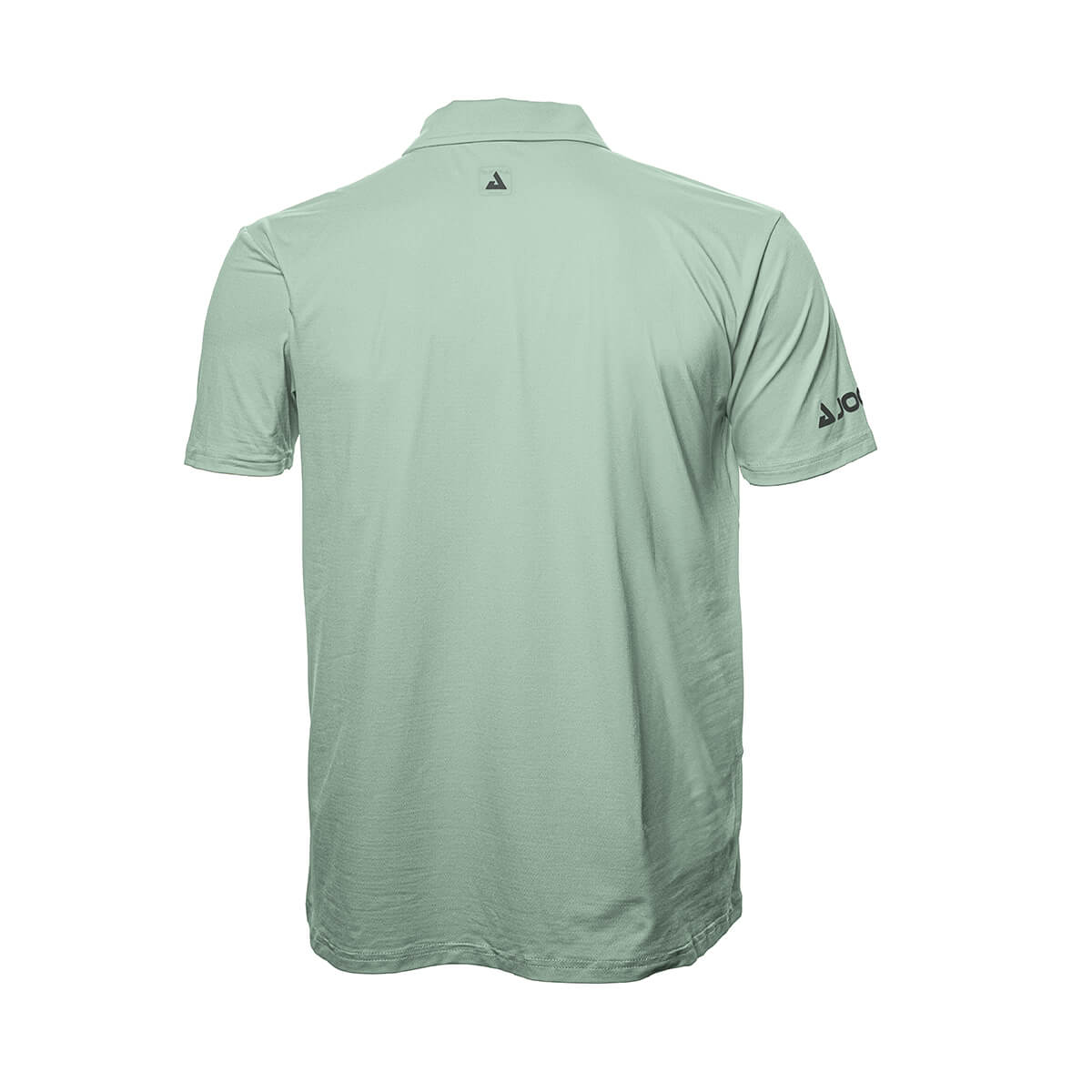 White Background Image: JOOLA Ben Johns React Polo in Dusty Aqua with black stacked JOOLA logo below the back collar and black horizontal JOOLA logo across right sleeve. #Dusty Aqua