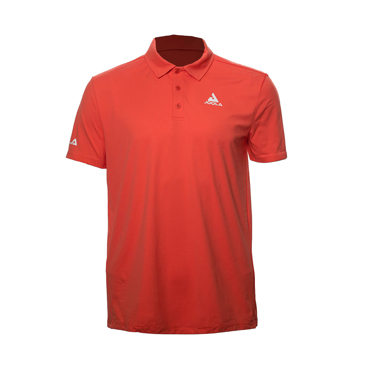 White background Image: Ben Johns React Polo in Hot Coral color. JOOLA logo above the left breast, JOOLA on the right sleeve.