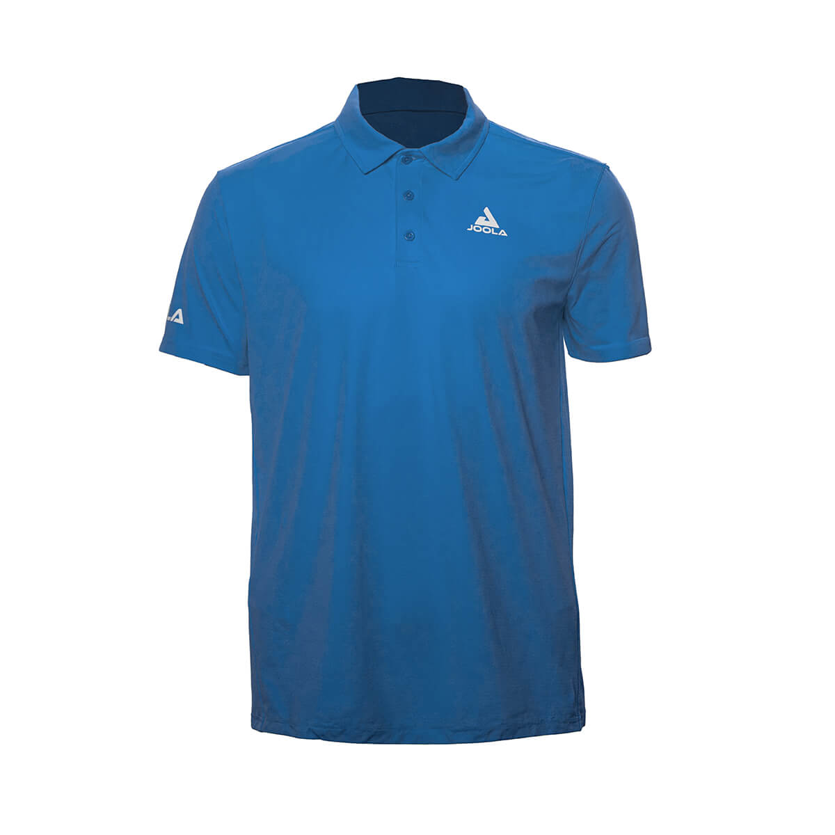 White Background Image: JOOLA Ben Johns React Polo in Nobility Blue with white stacked JOOLA logo on left chest and white horizontal JOOLA logo across right sleeve. #Nobility Blue