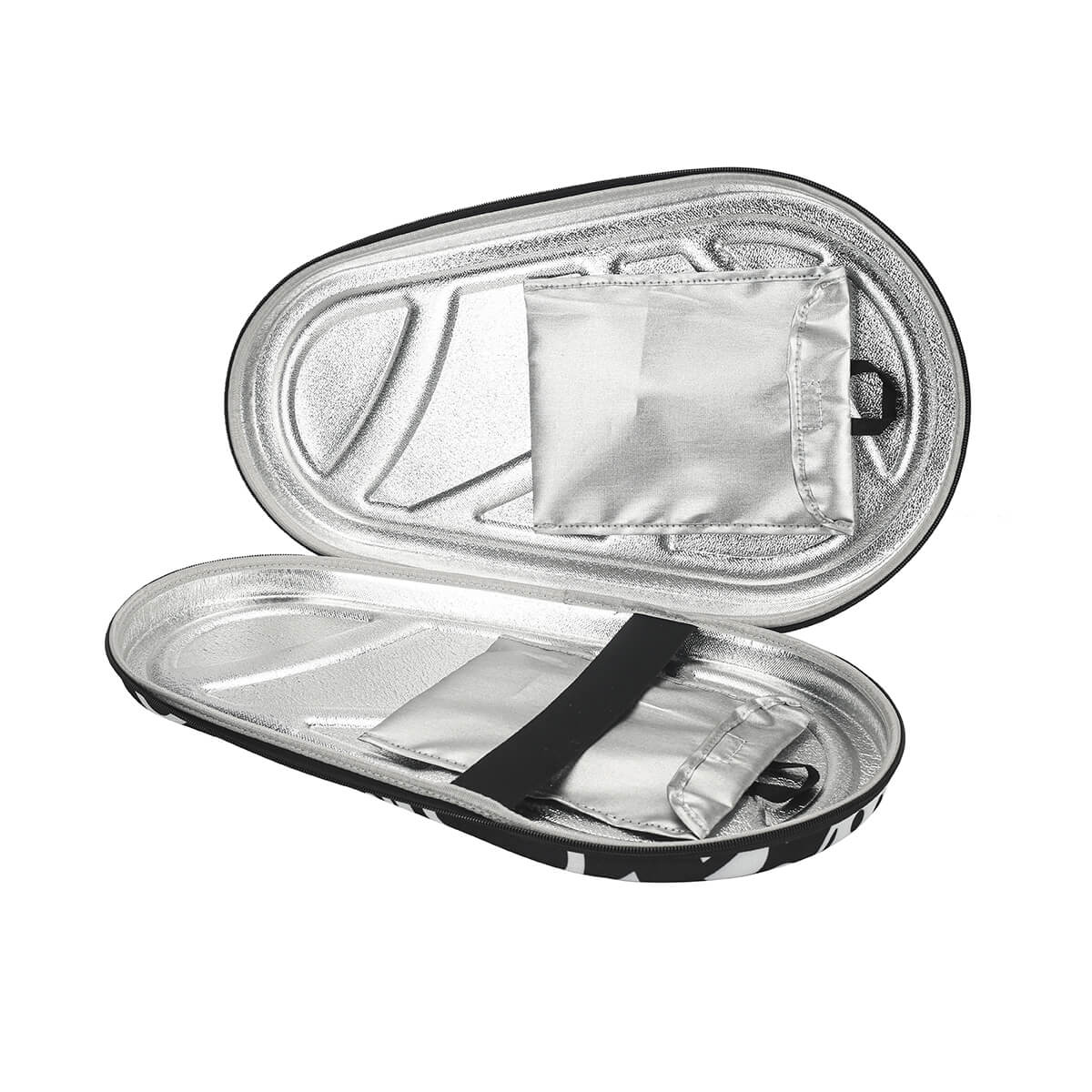 Product image showing the inside insulated interior and pockets of the black and white JOOLA Pro Pickleball Paddle Case #Black/White