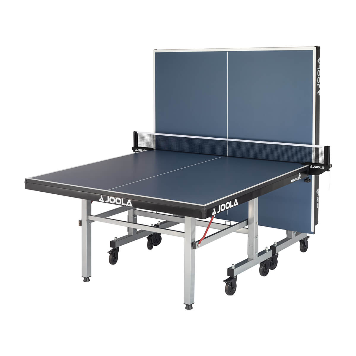 White Background Image: Full view of the World Cup 25 table tennis table, one half of the table is upright at a ninety-degree angle.