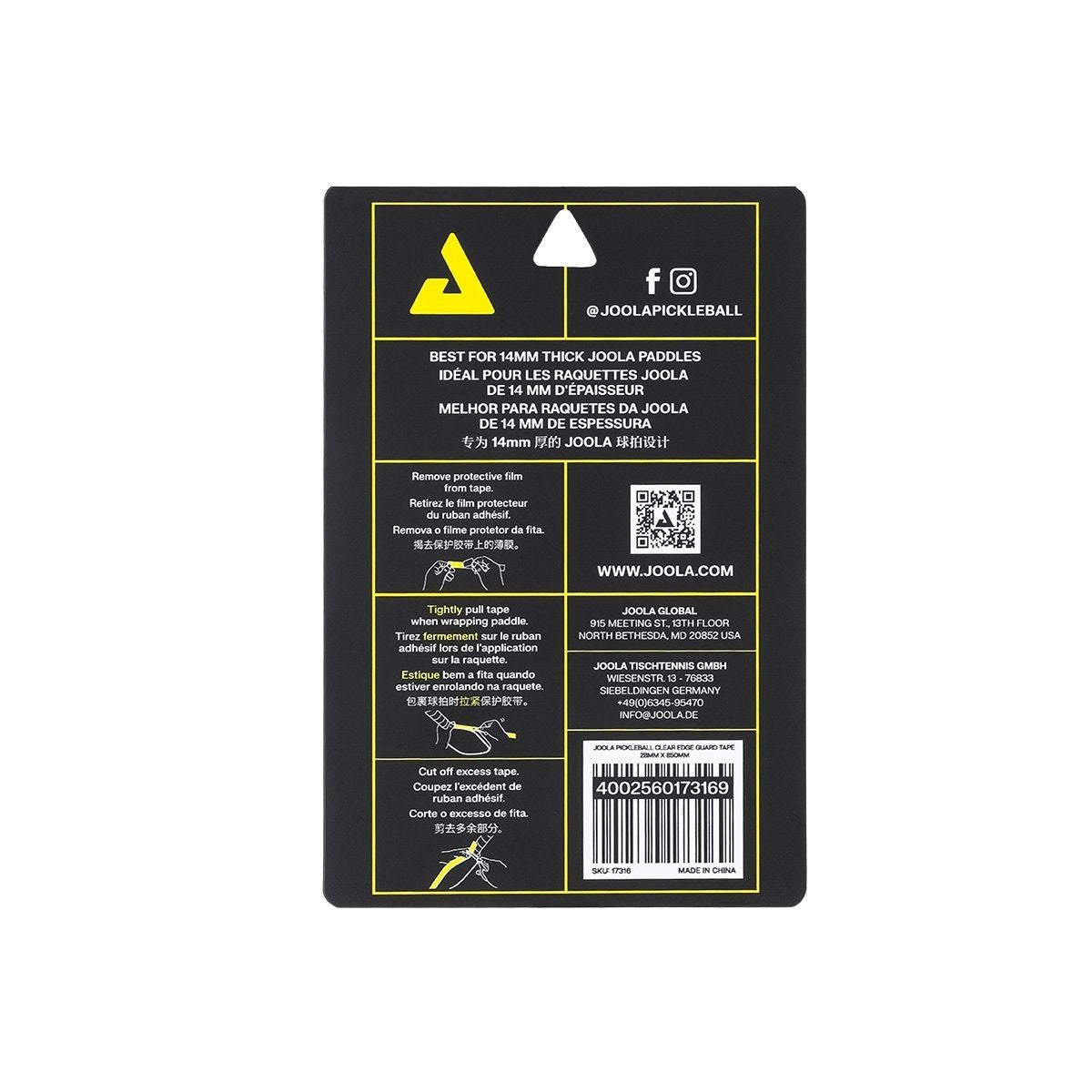 Kit Grip de Substituição para Raquete de Pickleball JOOLA Feel-Tec Pure (Black) + Fita de Proteção de Borda JOOLA Transparente para Raquete de Pickleball (14mm)