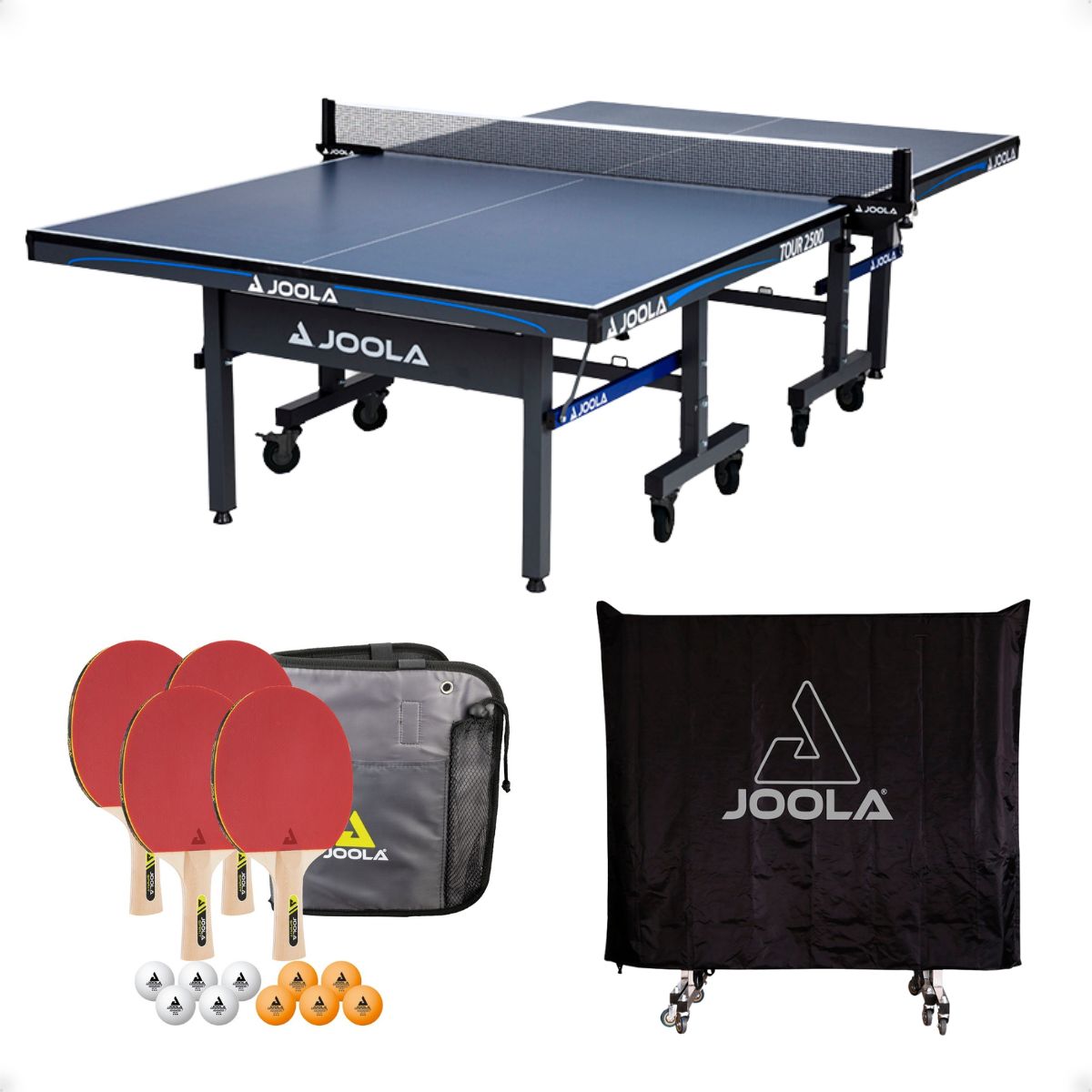 Kit Mesa JOOLA Tour 2500 (25mm) + Conjunto Family Set (maleta com 4 raquetes e 10 bolas) + Capa para Mesa (Posição Horiz.Vertical)