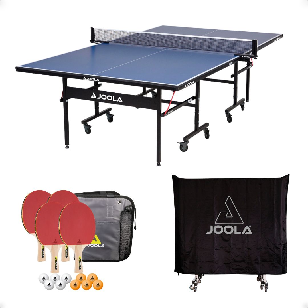 Kit Mesa JOOLA Inside 15mm + 1 Conjunto Family Set (Maleta com 4 Raquetes e 10 Bolas) + Capa para Mesa (Posição Vertical)