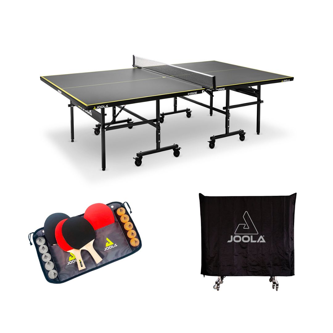 Mesa JOOLA Inside J15 (15mm) + 1 Conjunto Family Set (maleta com 4 raquetes e 10 bolas) + Capa para mesa (posição horizontal/vertical)