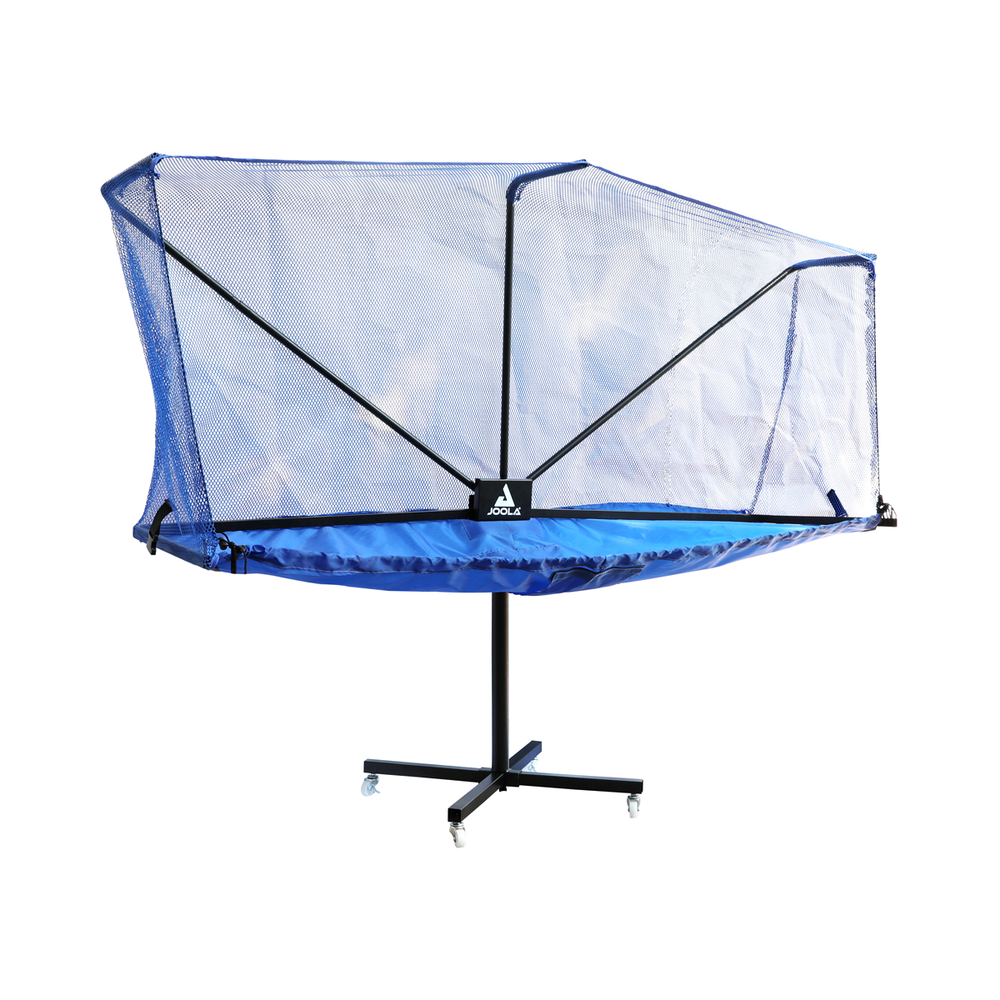 Ball catcher net for serve practice with wheeled support.