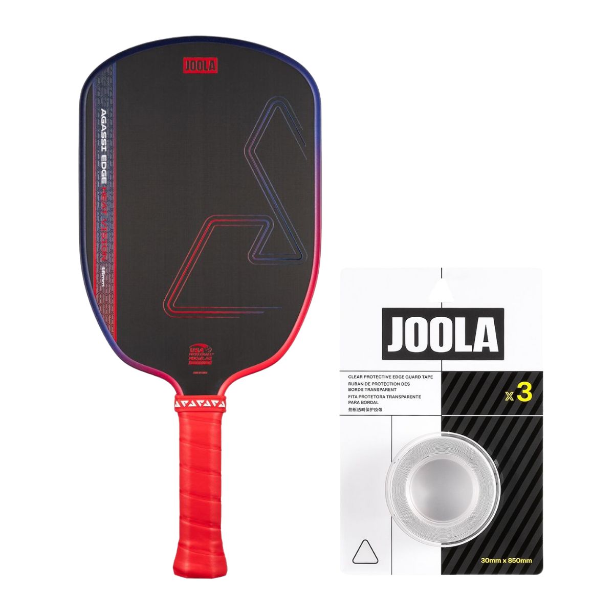 Kit Raquete de Pickleball JOOLA Agassi Edge Heat Vision (16mm) + Fita de Proteção de Borda JOOLA Transparente para Raquete Pickleball 30mm x 850mm (16mm)