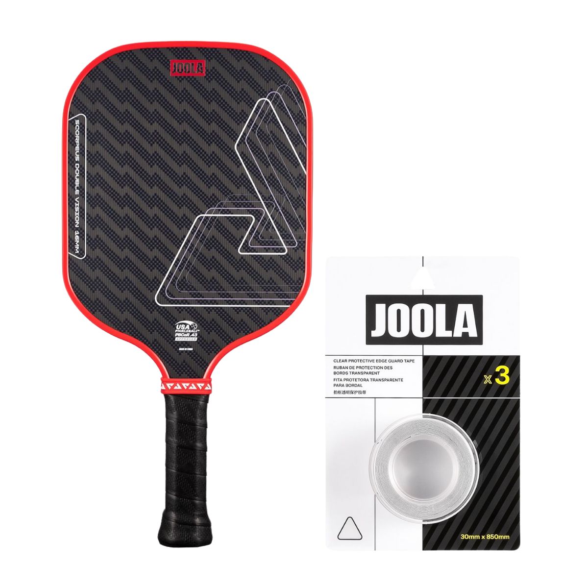 Kit Raquete de Pickleball JOOLA Scorpeus Double Vision (16mm) + Fita de Proteção de Borda JOOLA Transparente para Raquete Pickleball 30mm x 850mm (16mm)