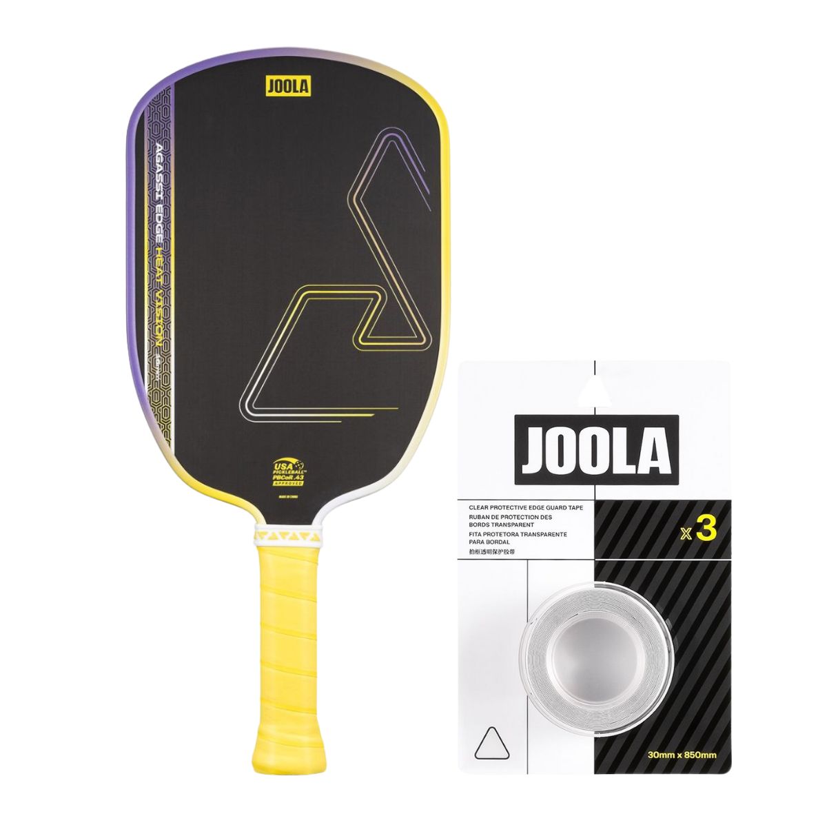 Kit Raquete de Pickleball JOOLA Agassi Edge Heat Vision (16mm) + Fita de Proteção de Borda JOOLA Transparente para Raquete Pickleball 30mm x 850mm (16mm)