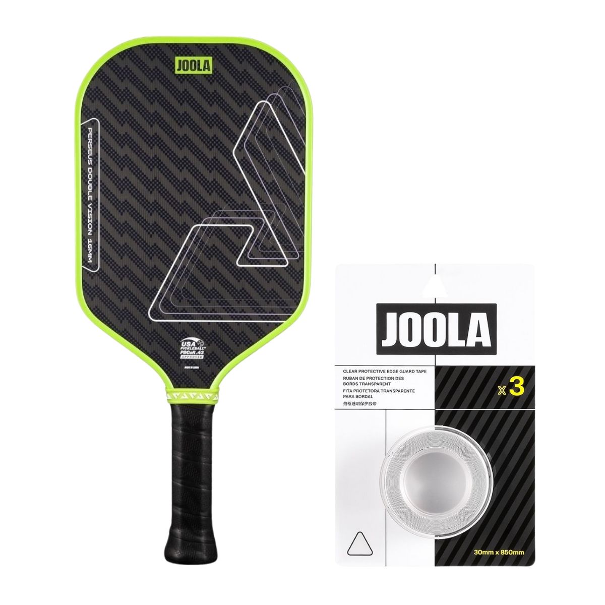 Kit Raquete de Pickleball JOOLA Perseus Double Vision (16mm) + Fita de Proteção de Borda JOOLA Transparente para Raquete Pickleball 30mm x 850mm (16mm)