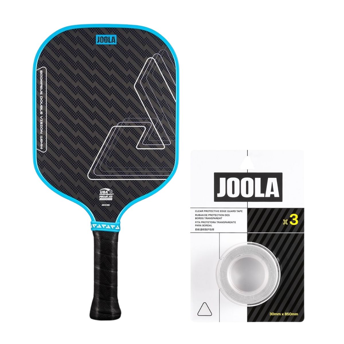 Kit Raquete de Pickleball JOOLA Scorpeus Double Vision (16mm) + Fita de Proteção de Borda JOOLA Transparente para Raquete Pickleball 30mm x 850mm (16mm)