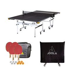 JOOLA Rapid Play 15mm Table Kit + 1 Family Set (Case with 4 Rackets and 10 Balls) + Table Cover (Horizontal/Vertical Position)