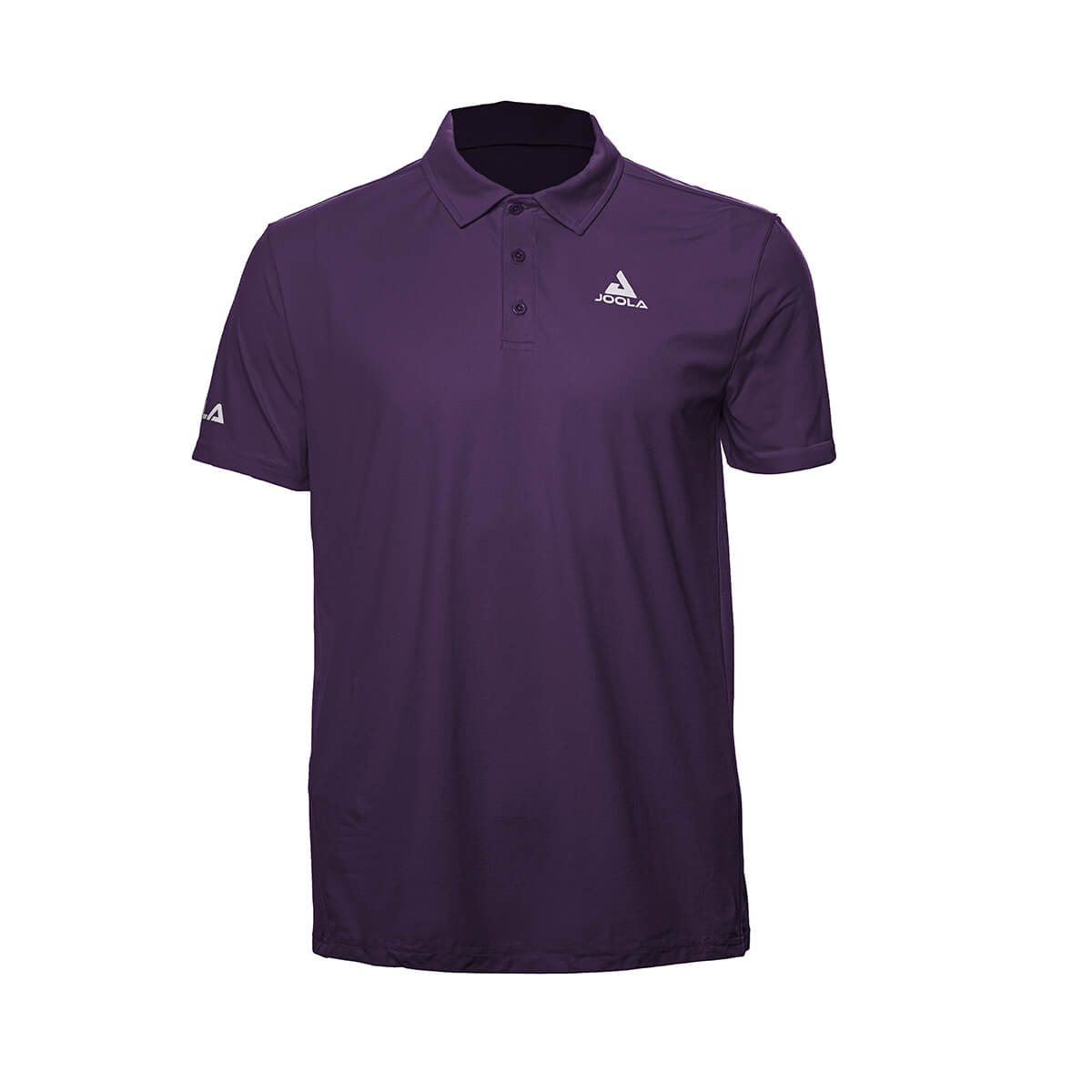 White Background Image: JOOLA Ben Johns React Polo in Blackberry Cordial with white stacked JOOLA logo on left chest and white horizontal JOOLA logo across right sleeve. #Blackberry Cordial