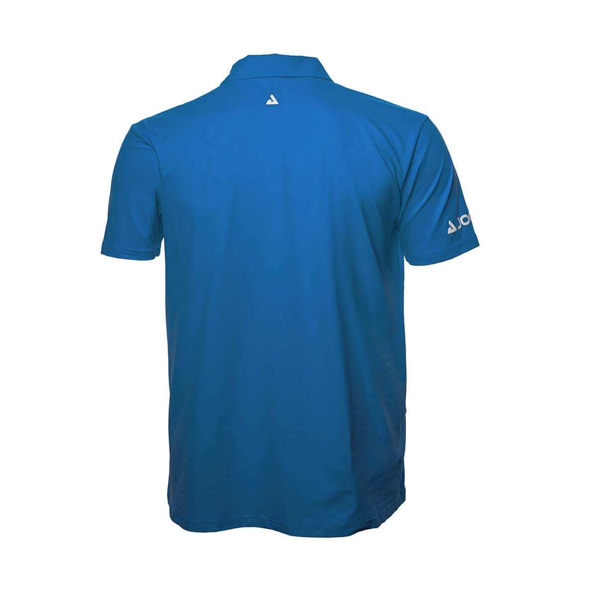 White Background Image: JOOLA Ben Johns React Polo in Nobility Blue with white stacked JOOLA logo below the back collar and white horizontal JOOLA logo across right sleeve. #Nobility Blue