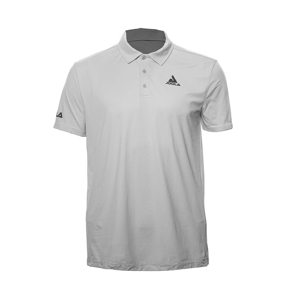 White Background Image: JOOLA Ben Johns React Polo in White with black stacked JOOLA logo on left chest and black horizontal JOOLA logo across right sleeve. #White