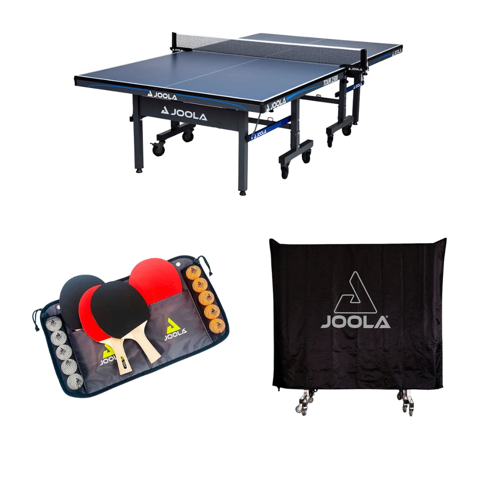 Kit Mesa JOOLA Tour 2500 (25mm) + Conjunto Family Set (maleta com 4 raquetes e 10 bolas) + Capa para Mesa (Posição Horiz.Vertical)