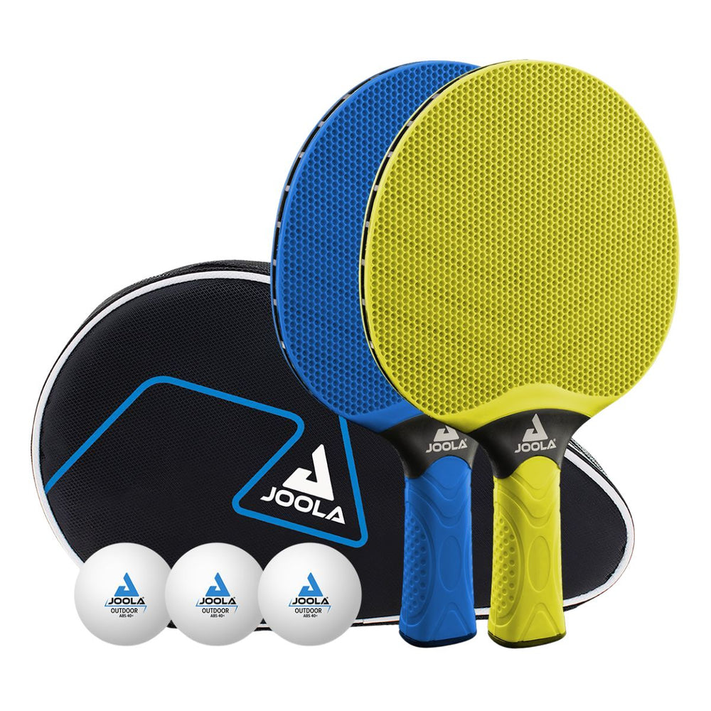 Kit with 2 rackets, 3 balls, and a JOOLA Vivid Outdoor cover.