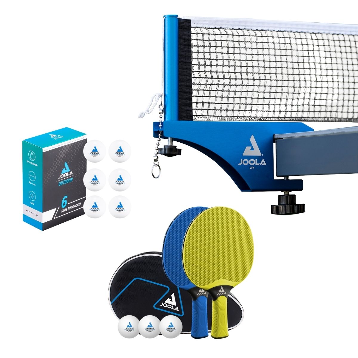 Kit Rede e Suporte JOOLA WX Aluminium Net + 1 Kit de Raquetes Vivid Outdoor + Bola de Tênis de Mesa Outdoor