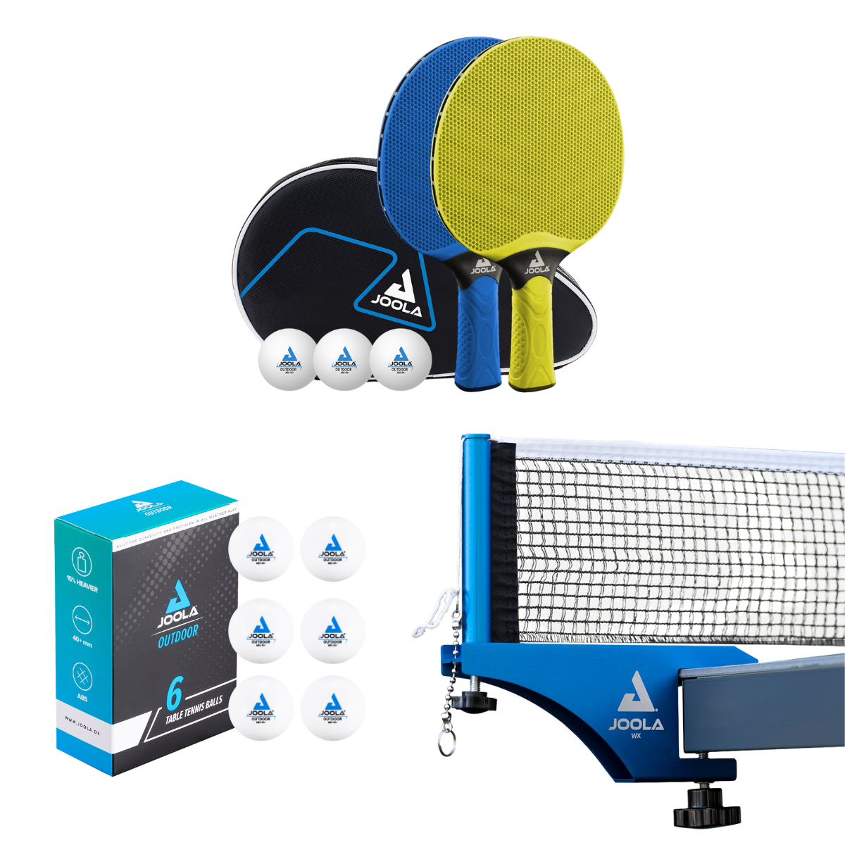 Kit Rede e Suporte JOOLA WX Aluminium Net + 1 Kit de Raquetes Vivid Outdoor + Bola de Tênis de Mesa Outdoor