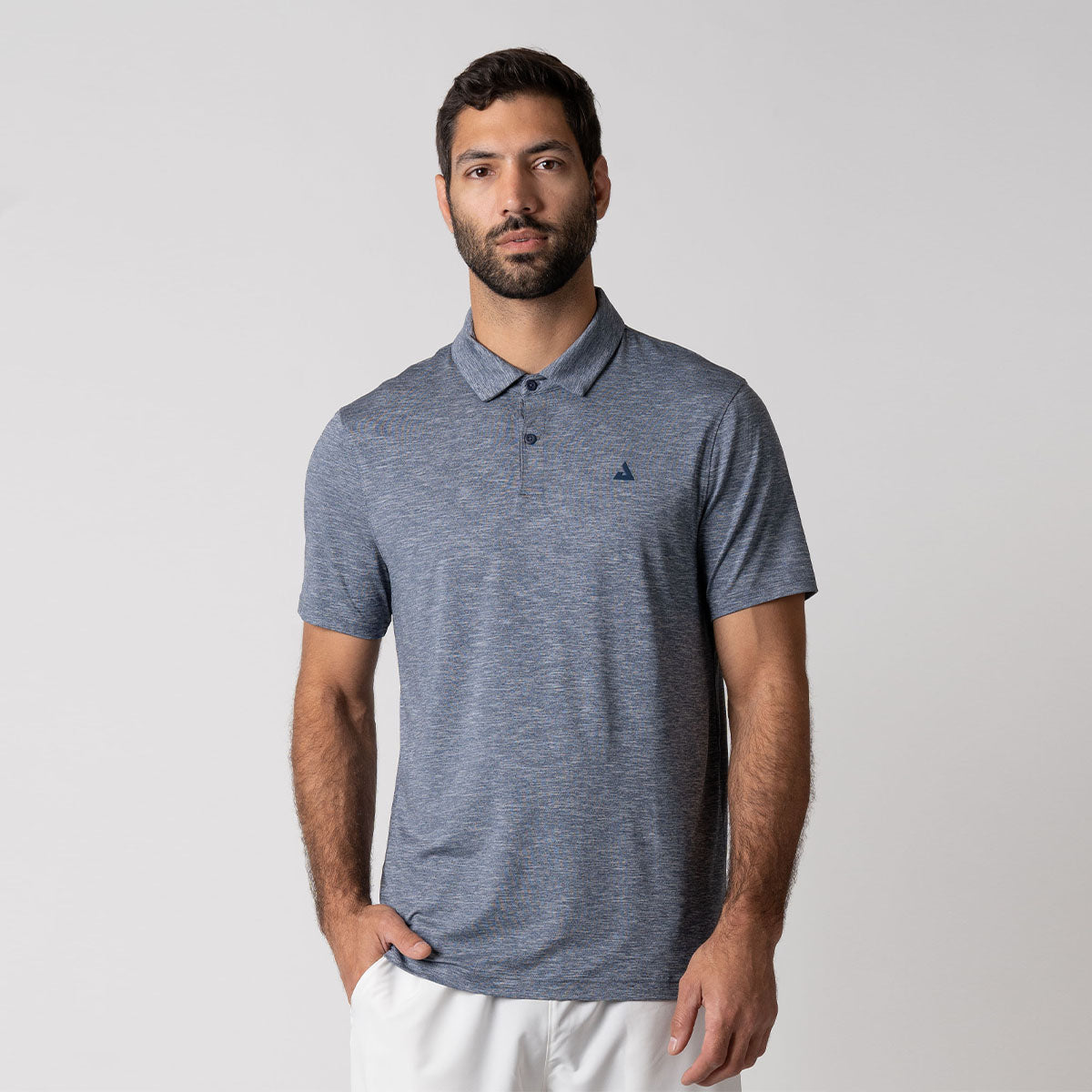 Image showing a male model wearing a JOOLA men's club polo, navy heather.