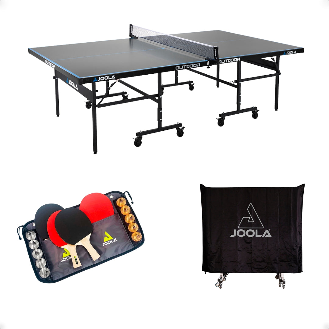 Kit Mesa JOOLA Outdoor J200A + 1 Conjunto Family Set (4 raquetes e 10 bolas) + Capa para mesa (Posição Horizontal)
