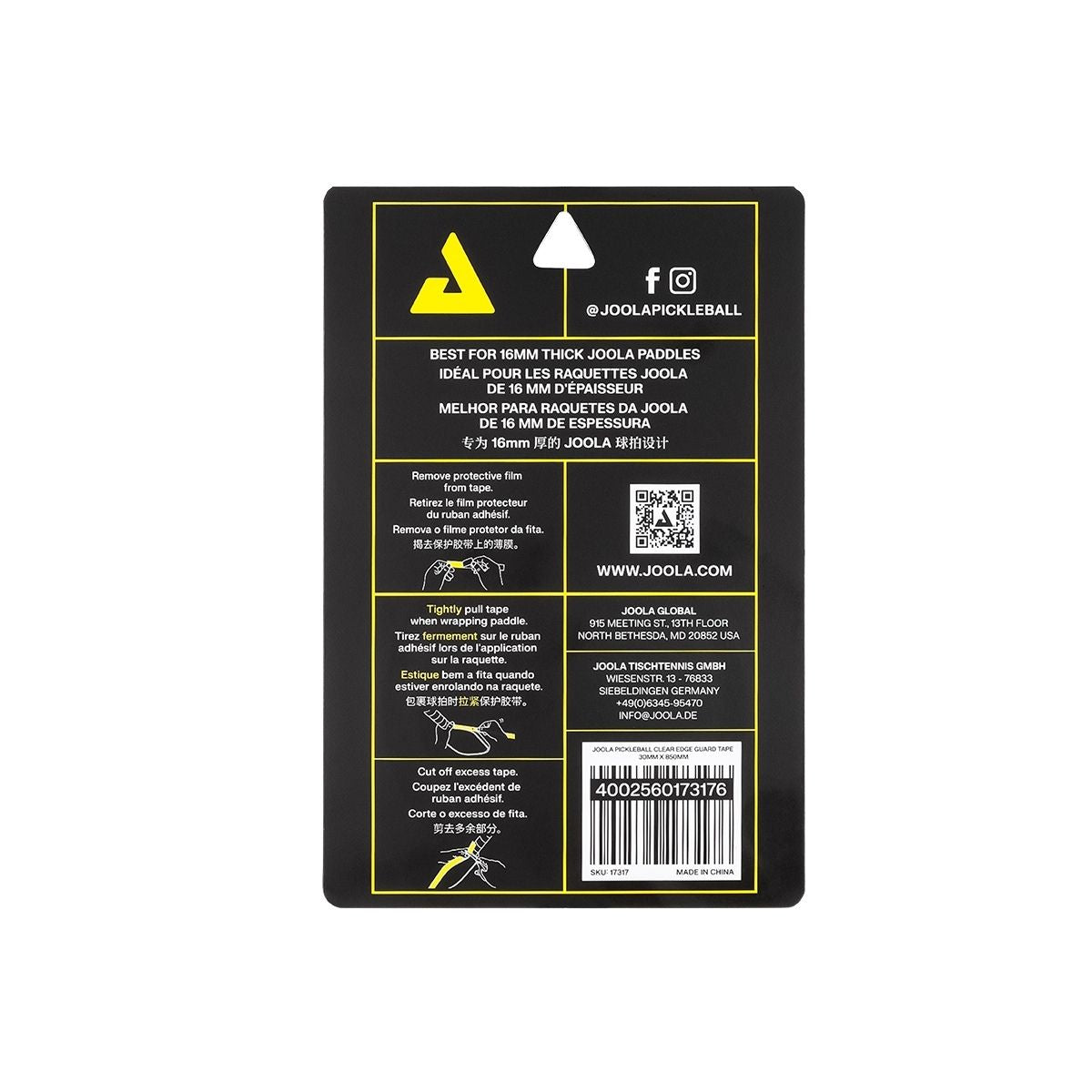 Kit Grip de Substituição para Raquete de Pickleball JOOLA Feel-Tec Pure (Black) + Fita de Proteção de Borda JOOLA Transparente para Raquete de Pickleball (16mm)