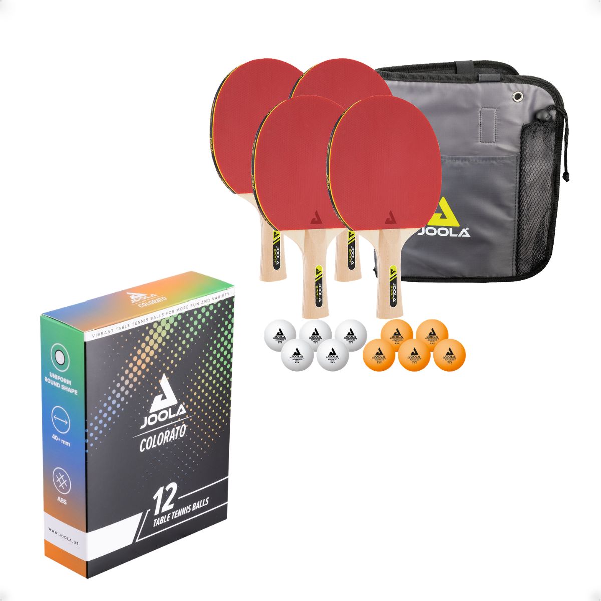 Kit JOOLA Family Set (Maleta com 4 Raquetes e 10 Bolas) + Bola de Tênis de Mesa JOOLA Colorato 12 unidades